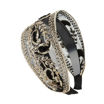 Popxstar Retro Wide Lace Embroidered Women Headband Sequins Bezel Hair Hoop Female Turban Hairband Head Wrap Bandana
